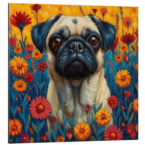 Aluminiumsbilde Pug in flower meadow