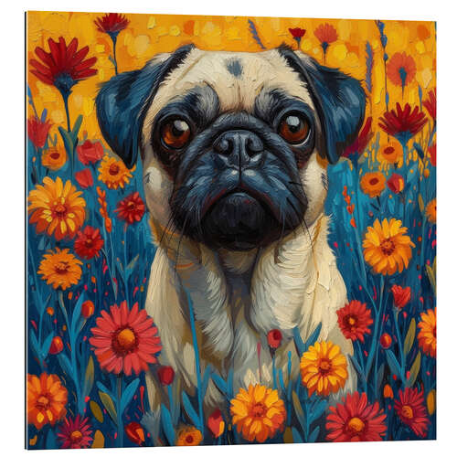 Quadro em plexi-alumínio Pug no prado florido