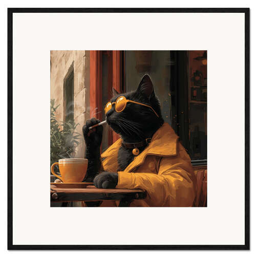 Gerahmter Kunstdruck Schwarze Katze trinkt Kaffee