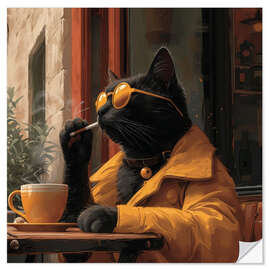 Autocolante decorativo Black Cat coffee time