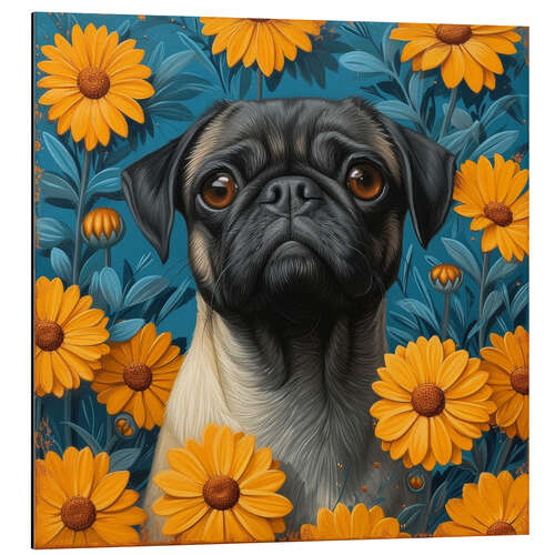 Print på aluminium Pug with yellow flowers