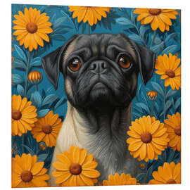 Quadro em PVC Pug with yellow flowers