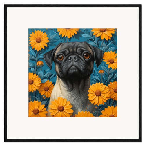 Impression artistique encadrée Pug with yellow flowers