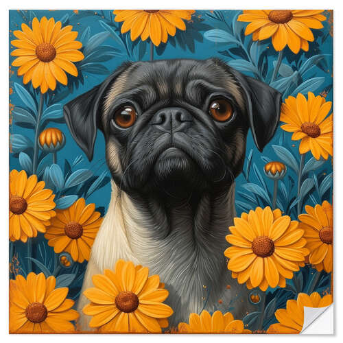 Wall sticker Pug with yellow flowers