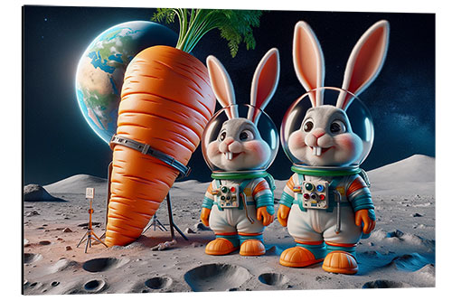 Aluminium print Two cute bunnies as astronauts in space