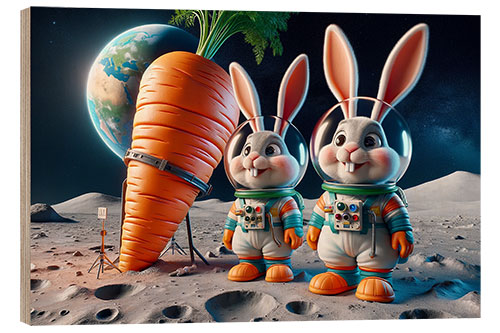 Obraz na drewnie Two cute bunnies as astronauts in space