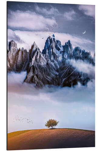 Aluminium print Lonesome tree in front of the misty mountain