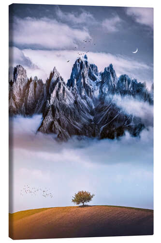 Canvas-taulu Lonesome tree in front of the misty mountain