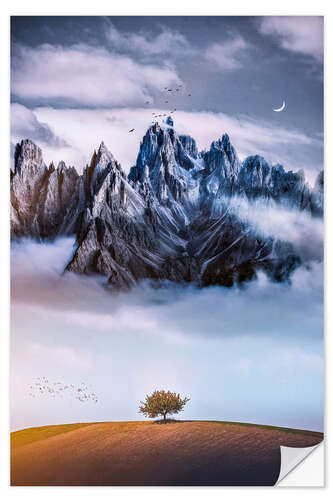 Wall sticker Lonesome tree in front of the misty mountain