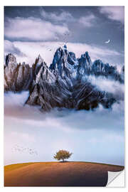 Selvklebende plakat Lonesome tree in front of the misty mountain