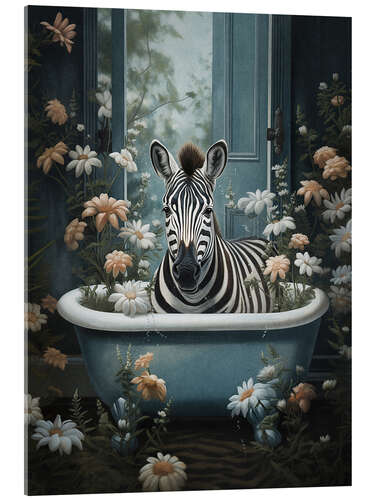 Acrylglasbild Zebra im Blumenbadezimmer