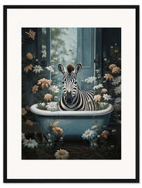 Gerahmter Kunstdruck Zebra im Blumenbadezimmer