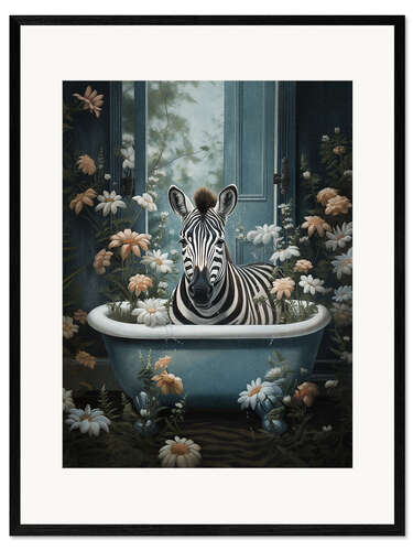Ingelijste kunstdruk Zebra in Flower Bathroom