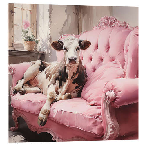 Acrylic print Cute Cow on Pink Couch