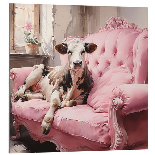 Aluminiumsbilde Cute Cow on Pink Couch