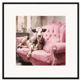 Framed art print Cute Cow on Pink Couch