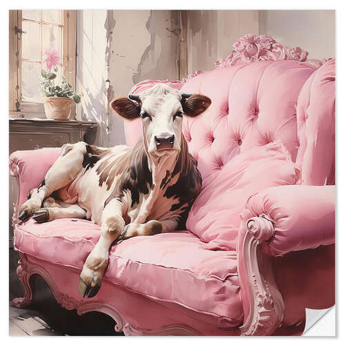 Vinilo para la pared Cute Cow on Pink Couch