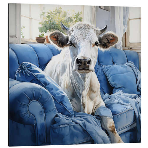 Stampa su alluminio Cute Cow on Blue Couch