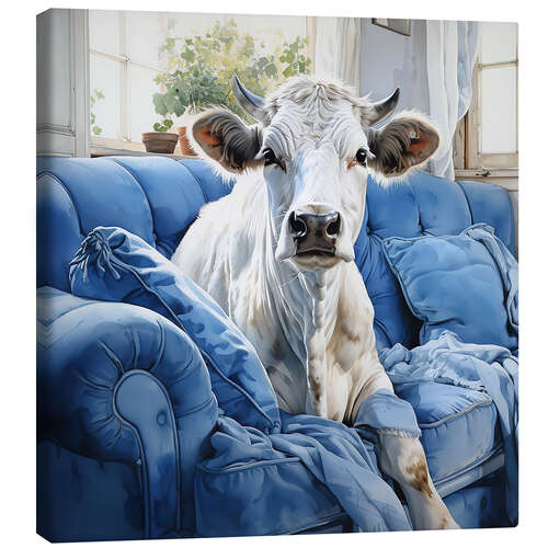 Quadro em tela Cute Cow on Blue Couch