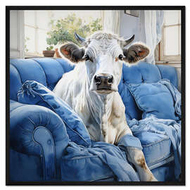 Gerahmter Kunstdruck Süße Kuh auf blauer Couch