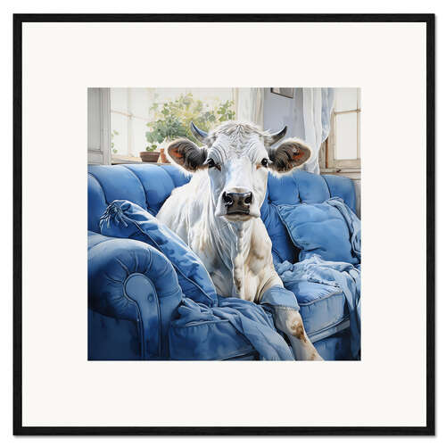 Impression artistique encadrée Cute Cow on Blue Couch