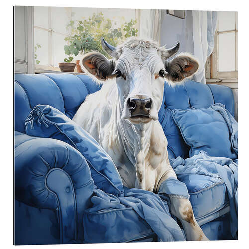 Stampa su plexi-alluminio Cute Cow on Blue Couch