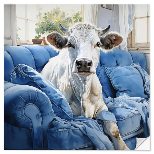 Autocolante decorativo Cute Cow on Blue Couch