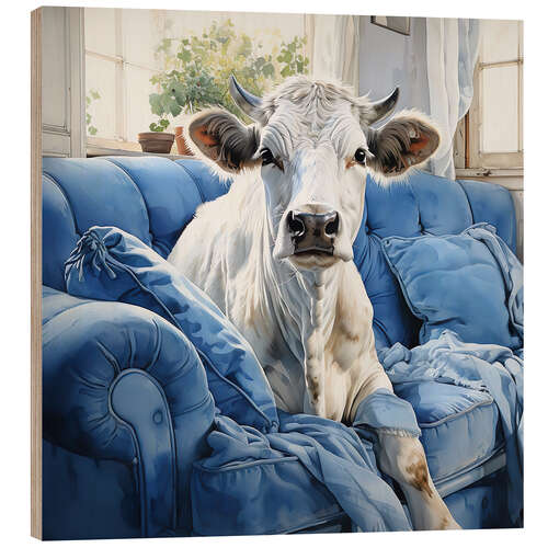 Hout print Cute Cow on Blue Couch