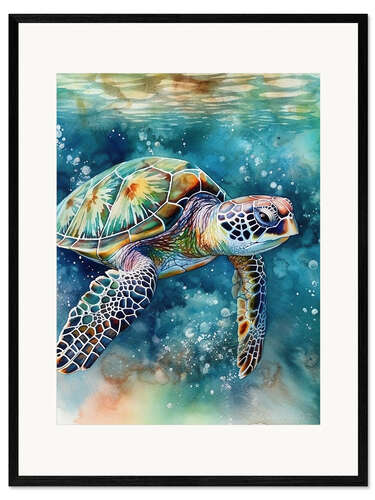 Ingelijste kunstdruk Swimming turtle