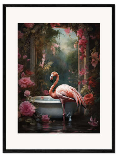 Ingelijste kunstdruk Flamingo in Bathroom