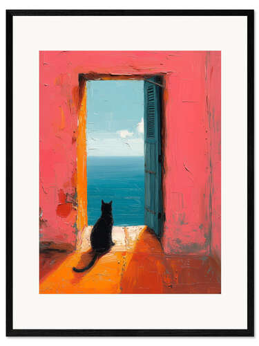 Gerahmter Kunstdruck Katze starrt auf das Meer