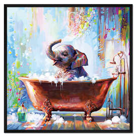 Gerahmter Kunstdruck Elefantenbaby in der Badewanne - Leon Devenice