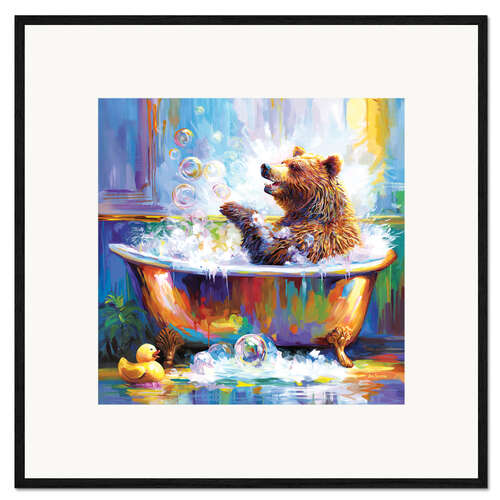 Gerahmter Kunstdruck Glücklicher Bär in der Badewanne