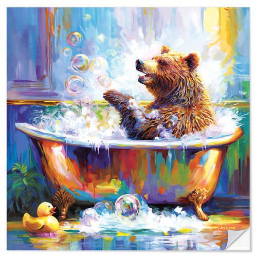 Vinilo para la pared Happy Bear in Bathtub