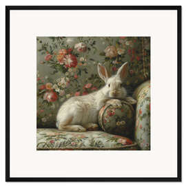 Gerahmter Kunstdruck Niedliches Kaninchen auf Vintage-Sofa