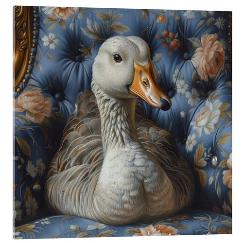 Acrylic print Cute goose on vintage sofa