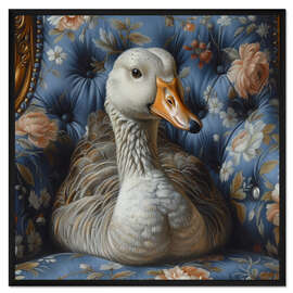 Gerahmter Kunstdruck Süße Gans auf Vintage-Sofa