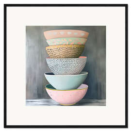 Gerahmter Kunstdruck Stapel pastellfarbener Keramiktöpfe