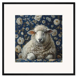 Gerahmter Kunstdruck Kuscheliges Schaf auf Vintage-Sofa