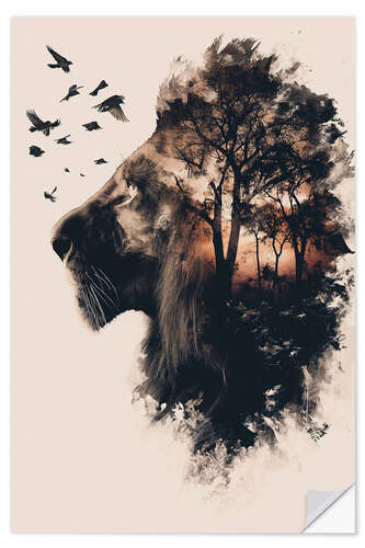 Selvklebende plakat Lion Double Exposure