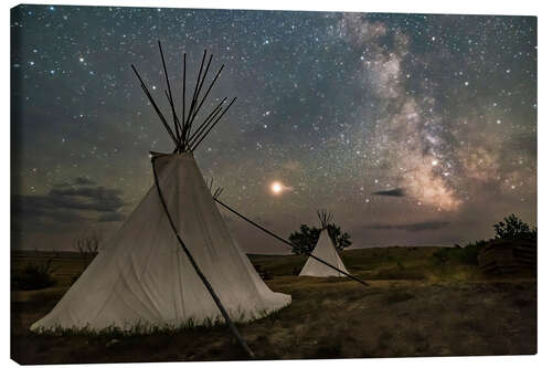 Canvas print Mars and the Milky Way over the tipis in Grasslands National Park, Saskatchewan, Canada