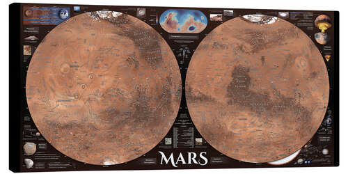 Canvas print Detailed map of planet Mars with surrounding infographics