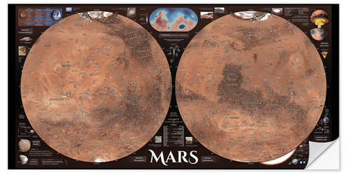 Selvklebende plakat Detailed map of planet Mars with surrounding infographics