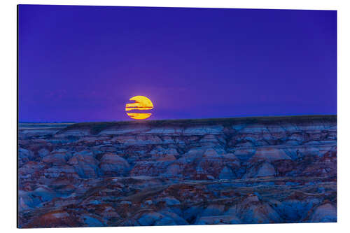 Aluminiumsbilde Close-up of the full Harvest Moon rising over the Dinosaur Provincial Park, Canada