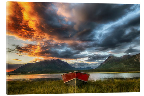 Tableau en verre acrylique Small boat with moody sky, Carcross, Yukon, Canada