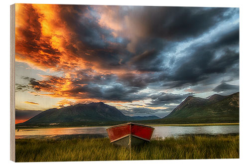 Obraz na drewnie Small boat with moody sky, Carcross, Yukon, Canada