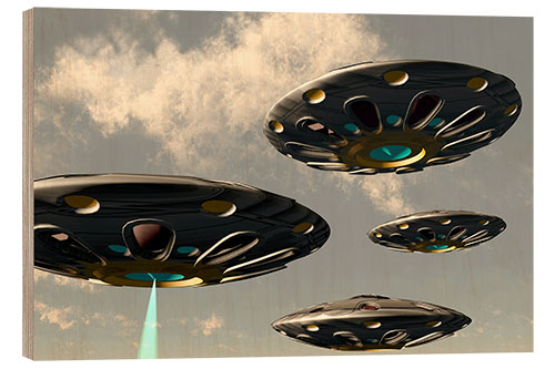 Wood print Flying ufos, convoy of flying saucers