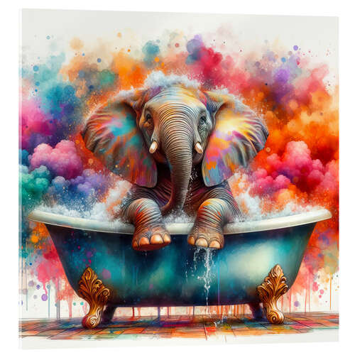 Tableau en verre acrylique Cute elephant takes a bath