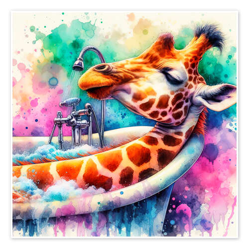 Póster Giraffe relaxes in the bathtub