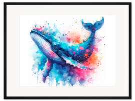 Gerahmter Kunstdruck Ein schwimmender Wal in Aquarellfarbe